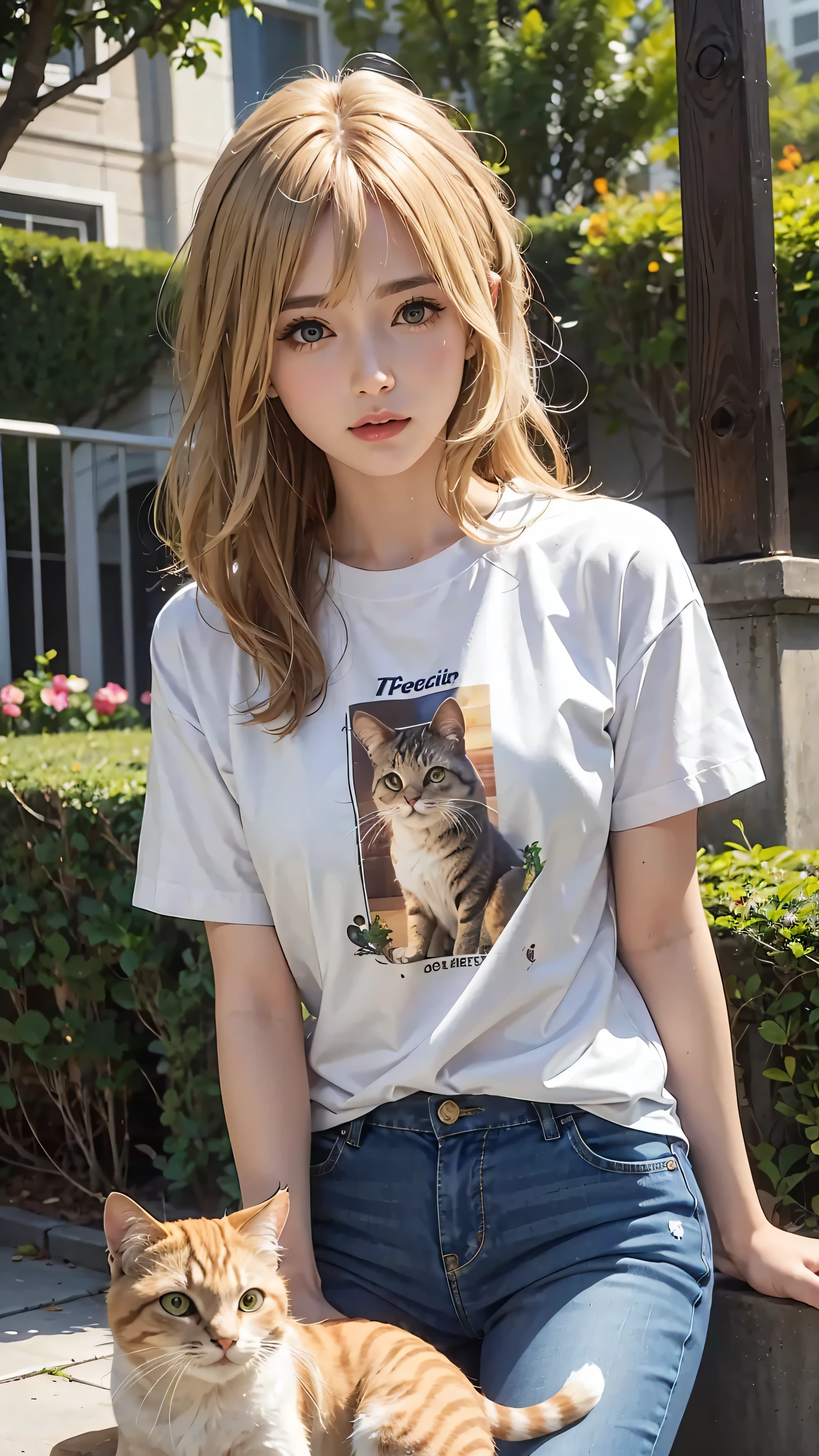Masterpiece, best quality, super fine, 16k, medium hair, blonde color hair, T-shirt with cat illustration,
