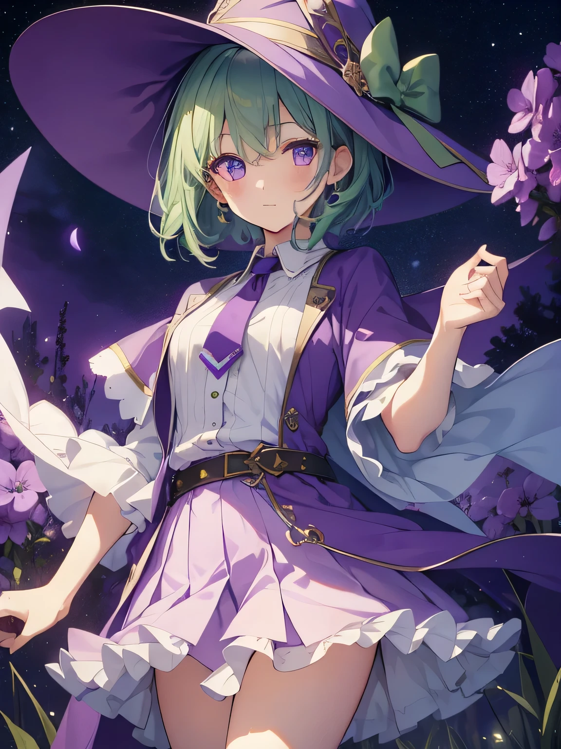 highest quality、Very delicate and beautiful、()、Beautiful eyes、Beautiful Eyes、Purple Eyes、Green Hair、Short-haired、(Purple Witch Hat)、Purple tie、I、Short sleeve、Purple Skirt,Purple Wizard Robe、belly button、standing、Facing forward