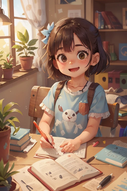 An 8-year-old is sitting at a wooden desk, em uma biblioteca iluminada por uma grande janela. The day is sunny. She is wearing a light blue dress and is writing in a book, segurando uma caneta. She is happy. qualidade perfeita, Foco claro, (obra de arte: 1.2) (realista: 1.2) (Bokeh) (melhor qualidade) (pele detalhada: 1.3) (detalhes intrincados) (8k) (detalhe do olho) (sharp focus), (feliz)