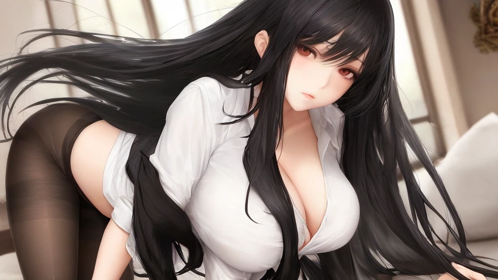 Beautiful girl with long black hair,,cleavage,underwear,shirt,,pantyhose,indoor