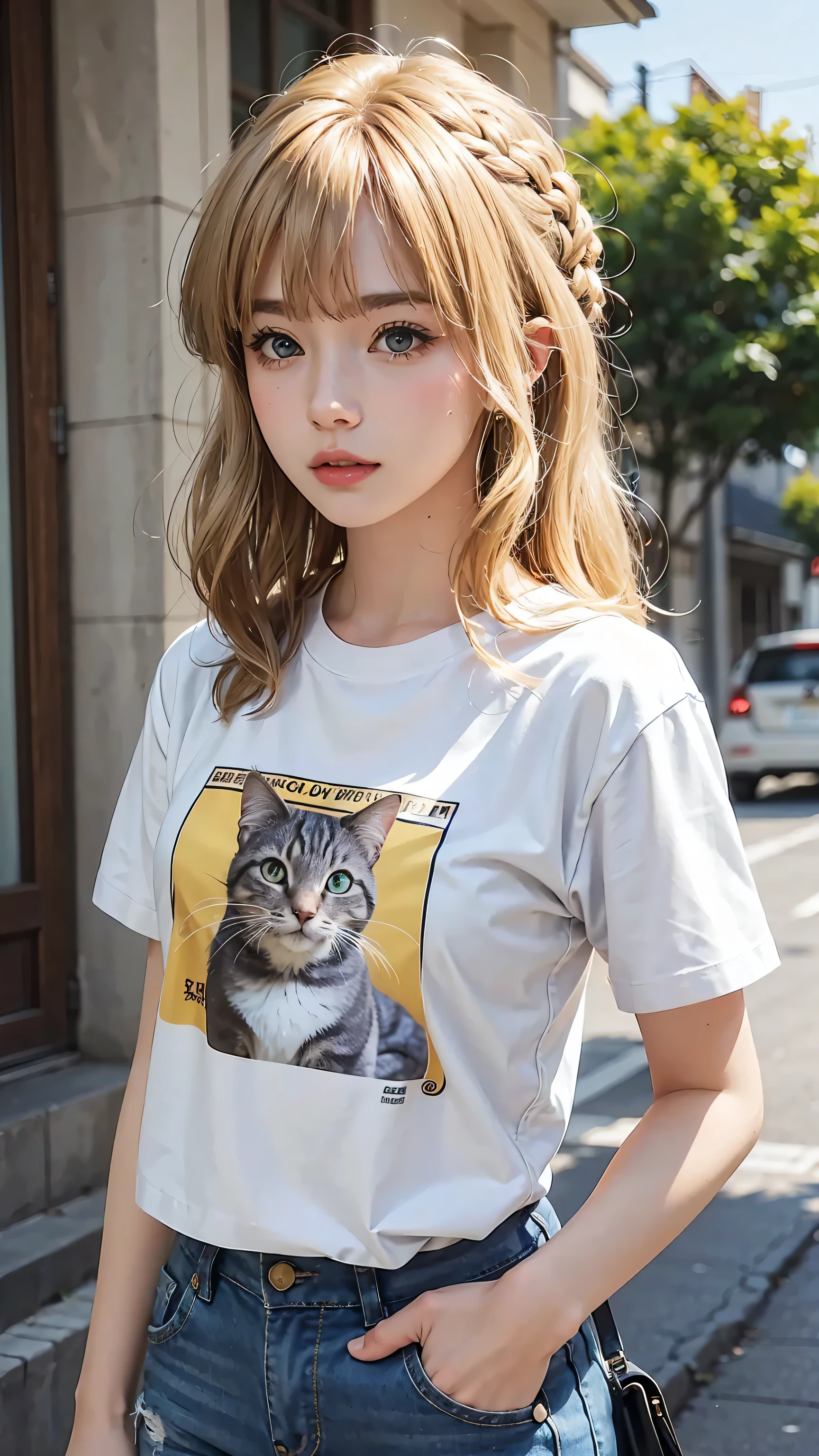 Masterpiece, best quality, super fine, 16k, medium hair, blonde color hair, T-shirt with cat illustration,