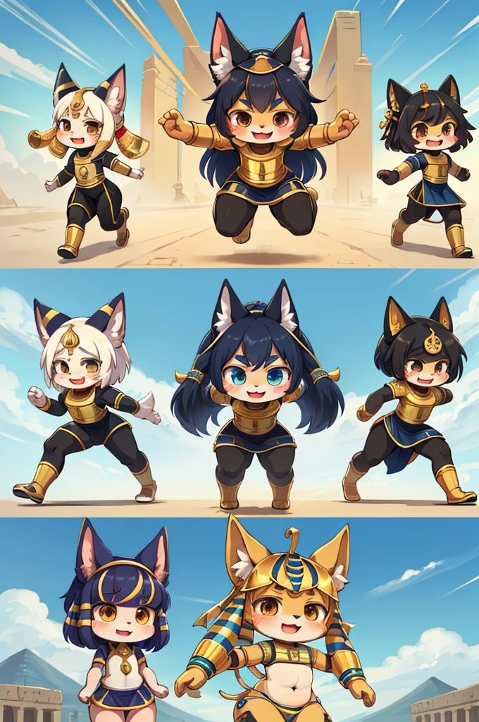 super deformed anime style , hairy chibi Bastet girl , Body Type , round body , round face , Hair ties , innocent big smile , close eyes , open mouth , Ancient Egyptian neat clothing , in the ancient Egypt , dynamic childish Running around action , (Several model body style adult servants:1.5)