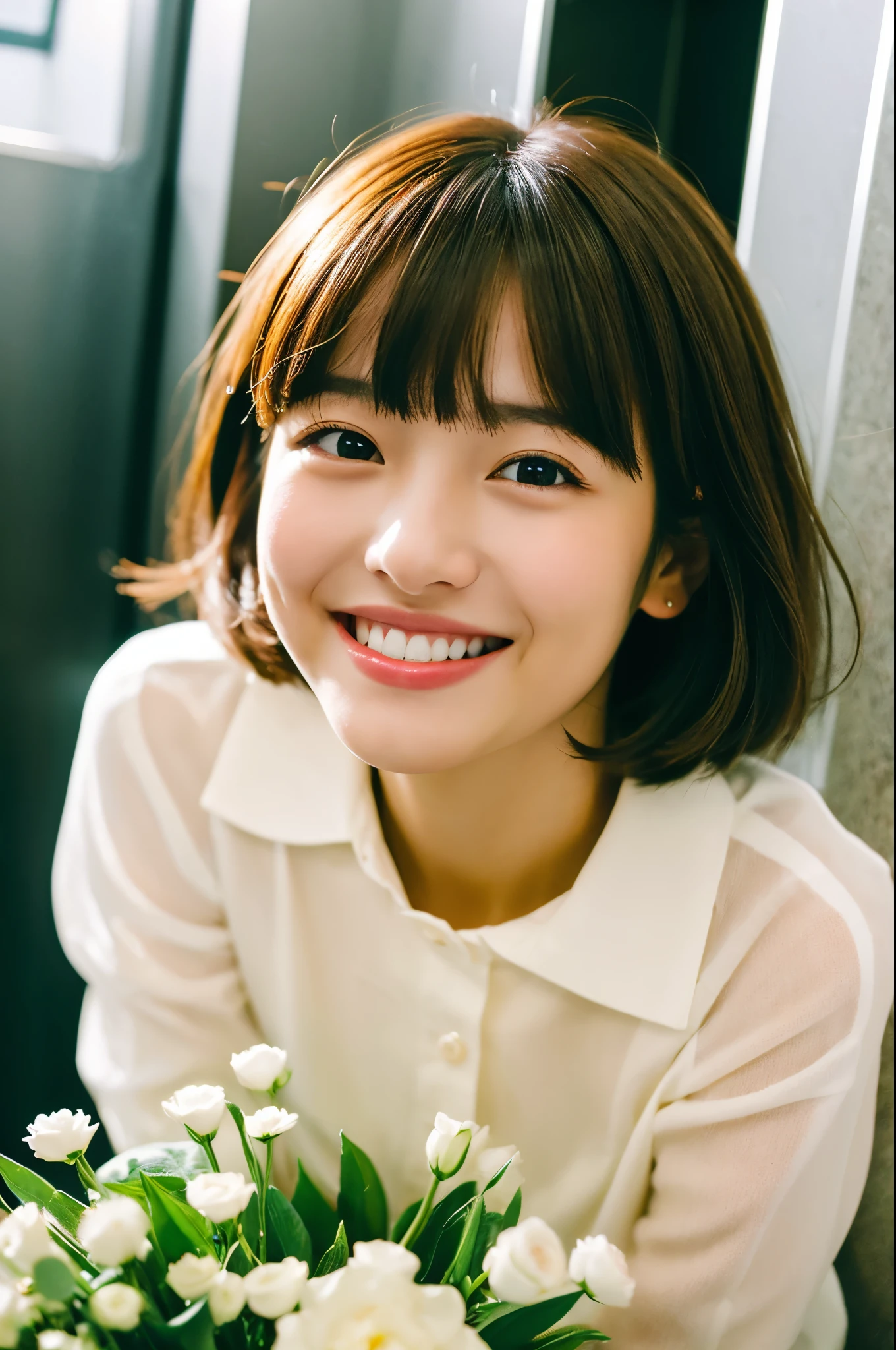 masterpiece , highest quality , Very detailed , 32k , Cute Woman , 1 girl , 19 years old,blouse , bangs , smile , White teeth , Symmetrical eyes,Brown Hair,Bobcut,flower bed、Inside the elevator、Shooting from below、