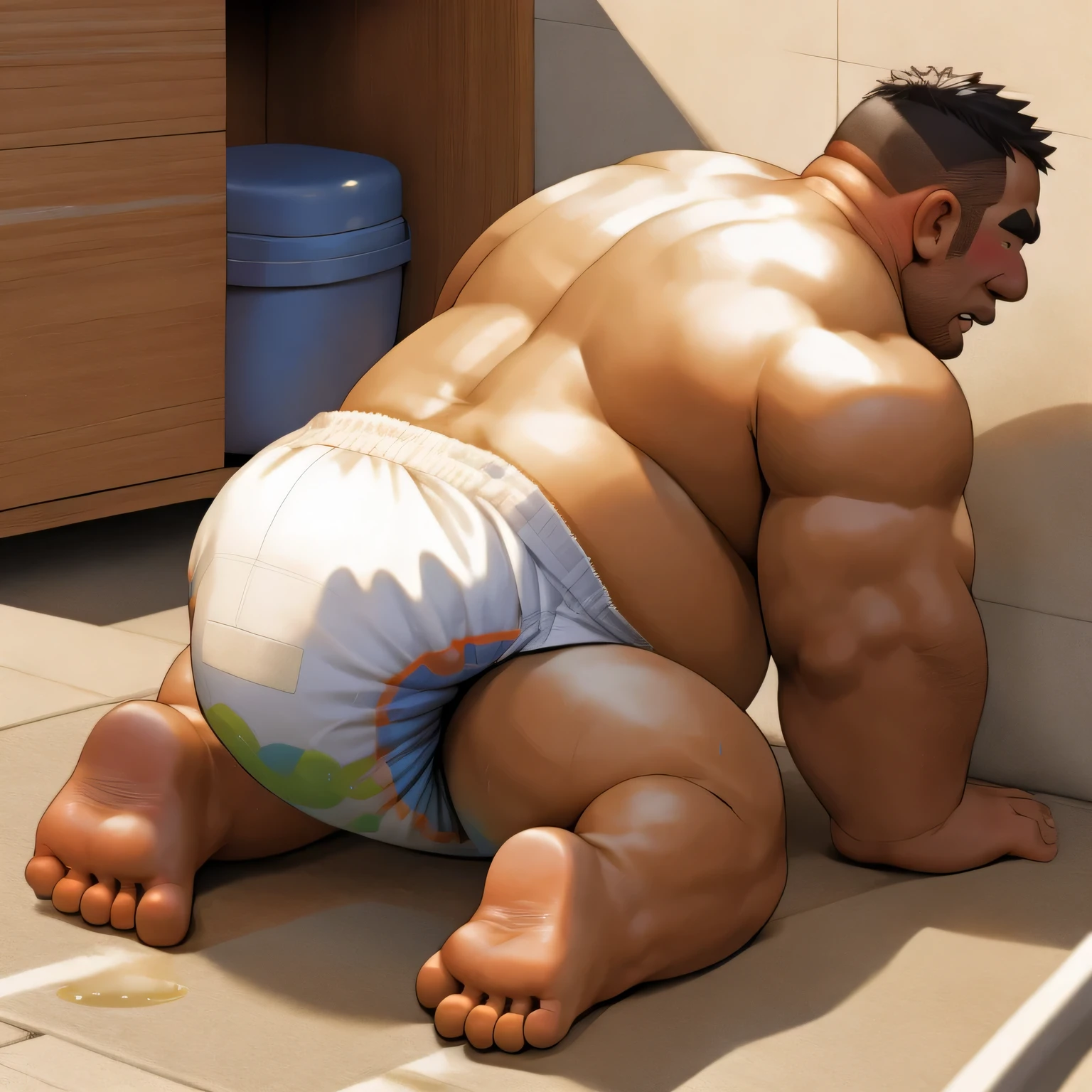 masterpiece, Top quality, in 32K, perfect anatomy, hyper detailed, super fine illustration, The thick man is a brutal prisoner, retarded, hairy human, 50yo in Japan, (fatness: 1.0), Fatty muscle, Bowleg, disappointment, incontinent, be diaper check by children, waddle, There is a small puddle under him, incontinent, Naked, short legs, Bowleg, spread legs, wear a White cloth Diaper, Bare belly, Bare legs, Bare foots, Bare soles, Shirtless, wide forehead and short thinning hair, Man with round face with stubble, Bare foots, Bare soles, shy, sissy, Weaker than children, Drool, Round face, steams, Solo, He enters and is despised by children, He surrounded by children, His bottom is wet, Bare foots, big butt, he is scolded by the children, White Diaper, He surrounded by children, sobbing, wear a White cloth Diaper, shirtless, There is a small puddle under him, He enters nursery school and is despised by children, big butt, sobbing, He crawling to go to children, on all fours, side view