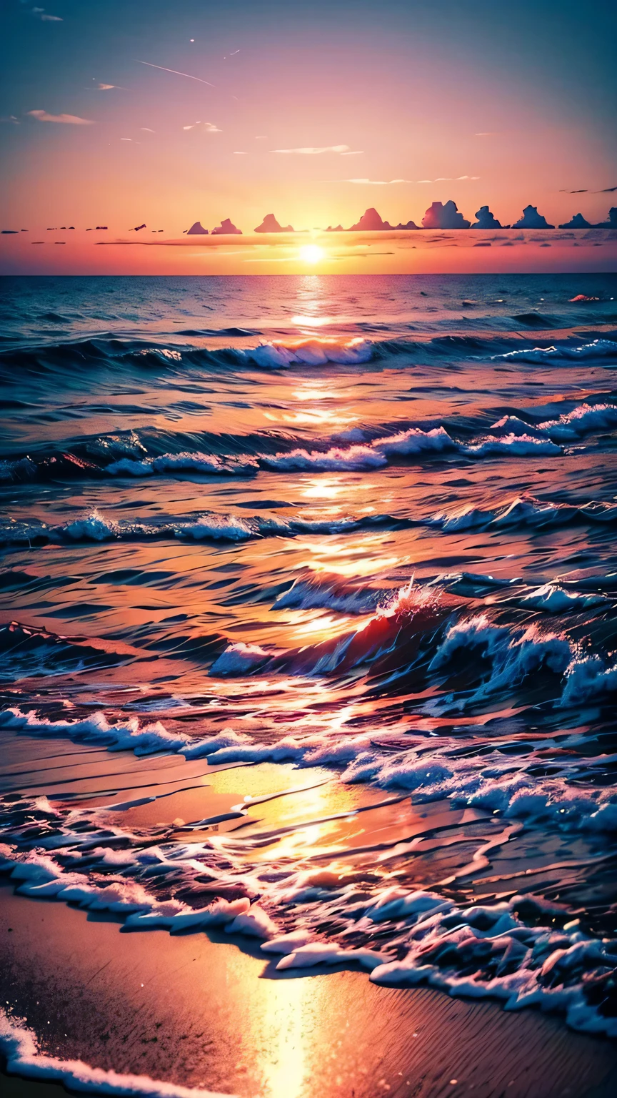 Absolutely mesmerizing sunset on the beach, with a blend of oranges, pink color, The sky is full. The crystal clear waters of the sea gently kiss the coast, White sandy beaches stretch endlessly. The scene is full of dynamics，Breathtaking, Seagulls soar in the sky，Palm trees swaying gently. Feel the calm atmosphere，Let peace envelop you.