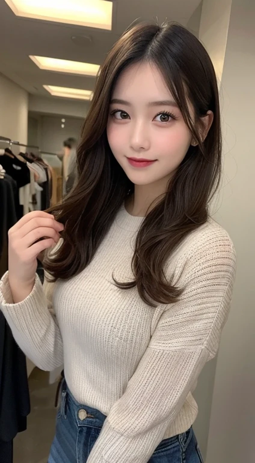 Tabletop, highest quality, shape, Very detailed, finely, High resolution, 8k wallpaper, Perfect dynamic shape, Beautiful and detailed, Nice spring clothes,Beautiful straight hair,Small breasts,Natural color lip, 20-year-old girl、cute、sexy shot looking at camera,Always blur the background,Perfect and beautiful face,Beautiful and dense face、Slim face and figure,Big eyes、Putting on gal makeup,Actual photo(Best image quality)、Sexy Face、Fashion magazine model pose、Full Body Shot、smile、Trendy fashion models for spring 2024(Long sleeve)、、You are a top fashion model。Please show me your best smile