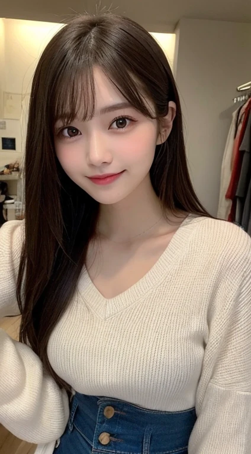 Tabletop, highest quality, shape, Very detailed, finely, High resolution, 8k wallpaper, Perfect dynamic shape, Beautiful and detailed, Nice spring clothes,Beautiful straight hair,Small breasts,Natural color lip, 20-year-old girl、cute、sexy shot looking at camera,Always blur the background,Perfect and beautiful face,Beautiful and dense face、Slim face and figure,Big eyes、Putting on gal makeup,Actual photo(Best image quality)、Sexy Face、Fashion magazine model pose、Full Body Shot、smile、Trendy fashion models for spring 2024(Long sleeve)、、You are a top fashion model。Please show me your best smile