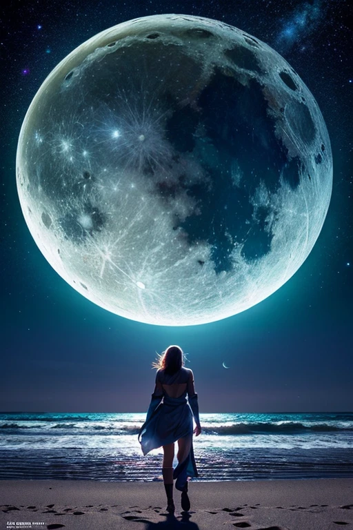 There was a woman standing on the beach gazing at the moon, Girl looks at space, 《The Enchantress of the Milky Way》, cinematic beeple, Dreamy digital painting, Jessica Rossier Fantasy Art, High Quality Fantasy Stock Photos, 北欧のMoon Goddessの肖像画, Beeple and Tim Hildebrandt, Epic fantasy sci-fi illustration, Moon Goddess