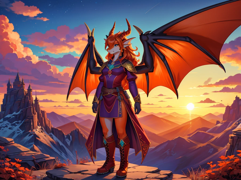bright colors, fantasy style art, beautiful anthropomorphic female dragon, mature and young, tall character, 5 feet 11 inches tall, dragon body, dragon head, dragon snout, dragon eyes, dragon skin, long wavy bright orange hair, bright teal eyes, sparkling teal eyes looking at viewer, shapely body, skinny body, healthy body, orange scaly dragon skin, highly detailed scales, covered in orange scales, purple and red warrior outfit, ornate red clothes, fancy purple patterns and symbols, 2 red dress coattails hanging down her sides, high brown leather boots, long draping red sleeves, 2 large orange dragon wings, wings on both sides, orange dragon horns, standing on top of a mountain, at the mountain peak, sunset, brilliant cloudy sky, sunset lighting up the clouds, high quality digital art, 2k, professional illustration, highly detailed