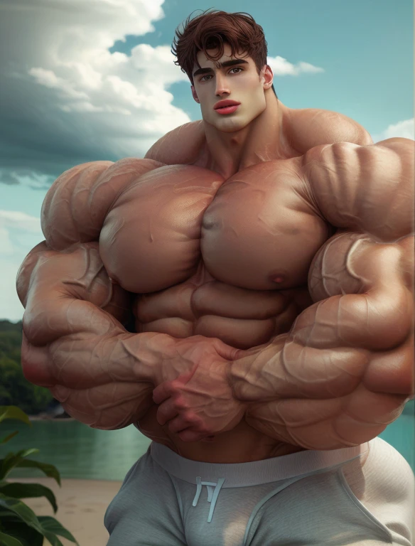 1 boy, pietro boselli, giant, model shoot style, looking at camera, standing, cool ambience, outdoor, summer season, at the ocean lagoon, cloudy sky, strong body, bulk, large size, standing, white triangular underwear, prominent bulge, big, brutalmass, giant, muscular body, bulk, massive body, large meaty body size, brown skin, wet