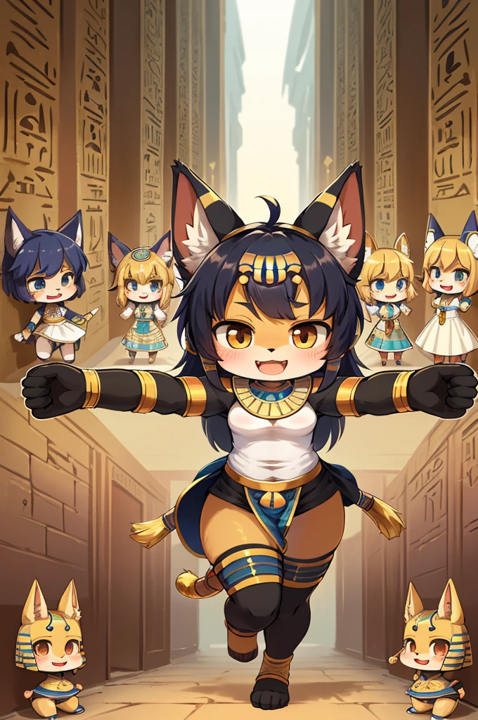 super deformed anime style , hairy chibi Bastet girl , Body Type , round body , round face , Hair ties , innocent big smile , close eyes , open mouth , Ancient Egyptian neat clothing , in the ancient Egypt , dynamic childish Running around action , (Several model body style adult servants:1.5)