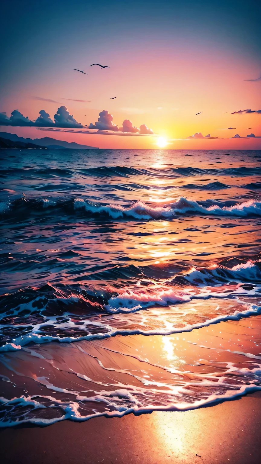 Absolutely mesmerizing sunset on the beach, with a blend of oranges, pink color, The sky is full. The crystal clear waters of the sea gently kiss the coast, White sandy beaches stretch endlessly. The scene is full of dynamics，Breathtaking, Seagulls soar in the sky，Palm trees swaying gently. Feel the calm atmosphere，Let peace envelop you.