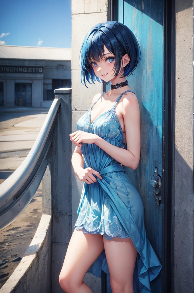 Girl short hair blue hair blue eyes blue matching confident smile correct limbs