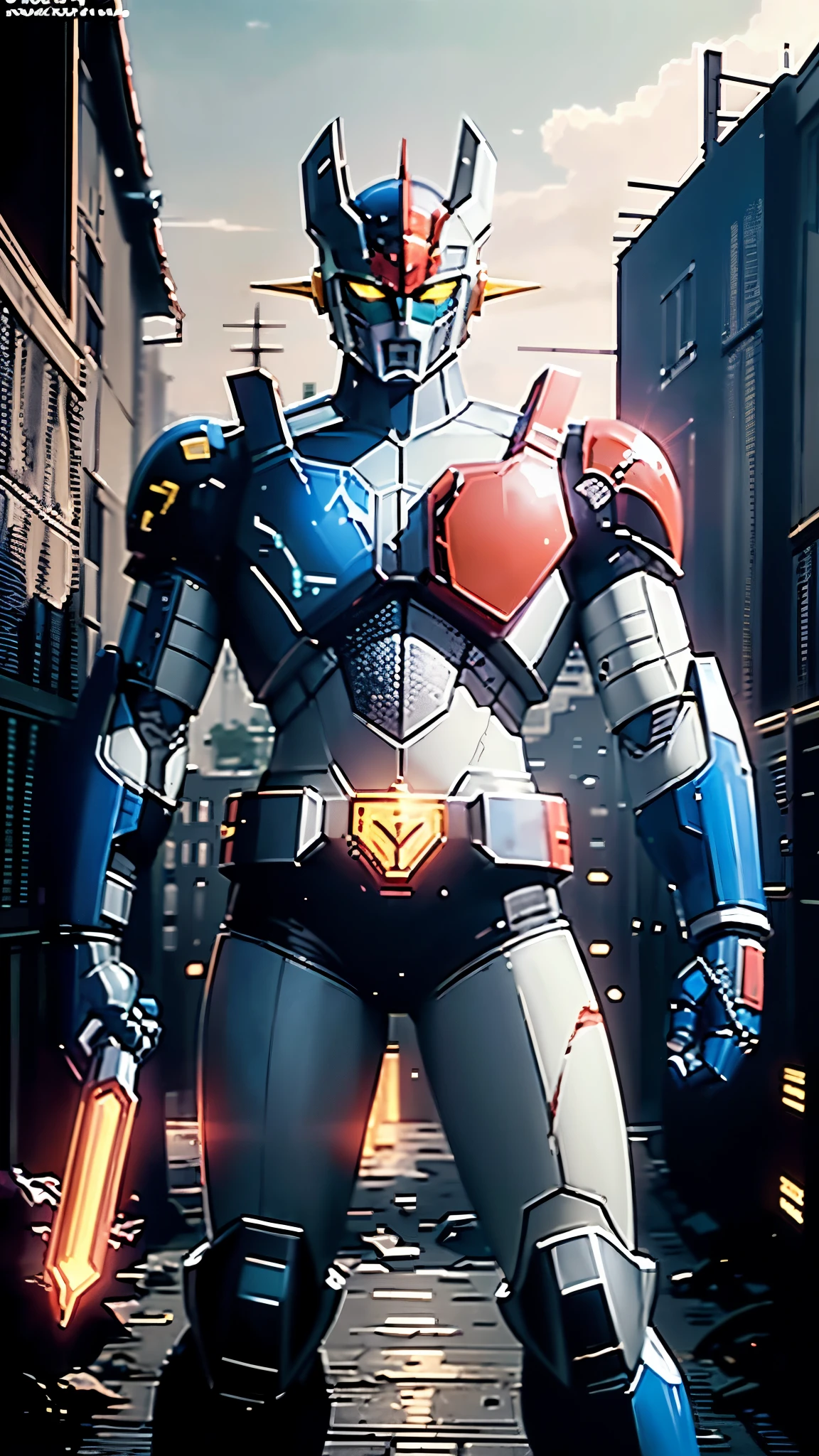 A man wearing a full-face helmet, a fantasy-style biotech armored combat suit, green eyes, (a composite layered chest armor), fully enclosed shoulder guards, matching arm and leg guards, the belt is adorned with Z mark, (the color scheme is primarily white with red and blue accents), the design balances heavy with agility, a high-tech bio-mecha armor, (Armor Concept Inspired by Mazinger Z, stand on the top of a skyscraper in a futuristic sci-fi city), this character embodies a finely crafted fantasy-surreal style armored hero in anime style, exquisite and mature manga art style, (battle damage, element, plasma, energy, the armor glows), ((male:1.5)), metallic, real texture material, dramatic, high definition, best quality, highres, ultra-detailed, ultra-fine painting, extremely delicate, professional, perfect body proportions, golden ratio, anatomically correct, symmetrical face, extremely detailed eyes and face, high quality eyes, creativity, RAW photo, UHD, 32k, Natural light, cinematic lighting, masterpiece-anatomy-perfect, masterpiece:1.5