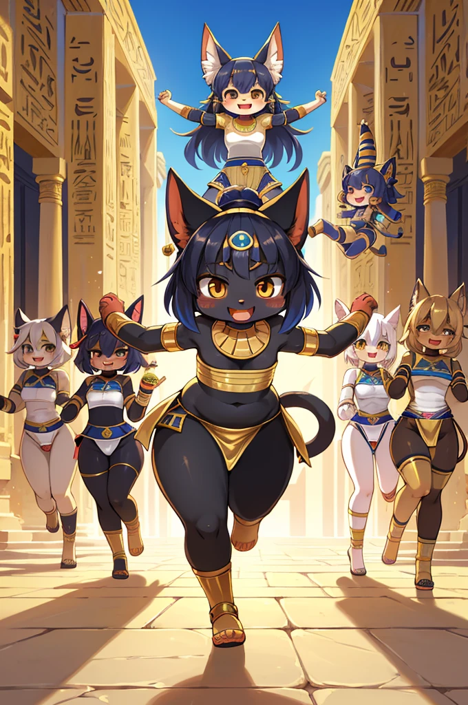 super deformed anime style , hairy chibi Bastet girl , Body Type , round body , round face , Hair ties , innocent big smile , close eyes , open mouth , Ancient Egyptian neat clothing , in the ancient Egypt , dynamic childish Running around action , (Several model body style adult servants:1.5)