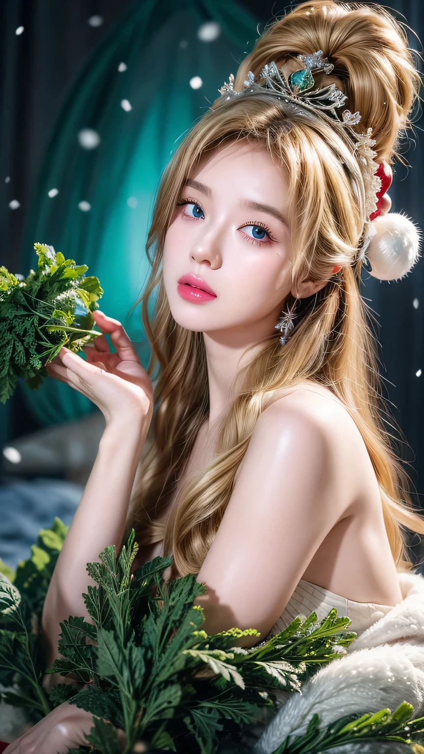 Beautiful portrait of queen, Blonde hair, Perfect blue eyes, brilliant, impossible striking big Christmas headpiece, Clothes Santa Claus Robe, Everything Christmas, snow, symmetry, Drama Studio Lighting, Rococo, Baroque, Green vegetables, Asia, Surrealism, close up, morality&morality, fantasy, Wheels within wheels, elegant, Very detailed, number, Art Station, Octane Rendering, 8k, concept art, Matte, Clear focus