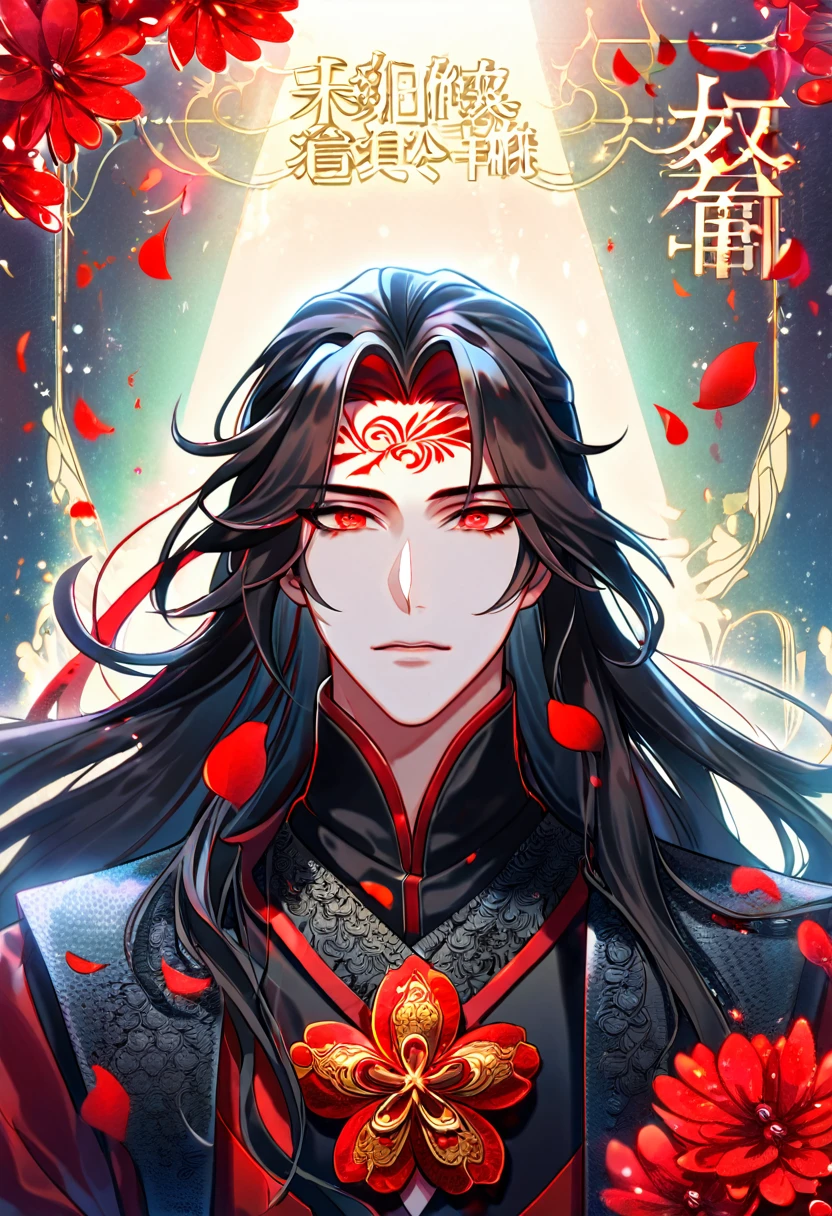 Ultra detailed, HDR, Highres, absurdres, master piece, Luo Binghe, black long hair, expressive red eyes, The Scum Villain's Self-Saving System patterns, black clothes, red petals, red ice flowers, sexy man, solo, extremely detailed face and eyes, extremely handsome, glittering, red glass, red mark on his forehead,
