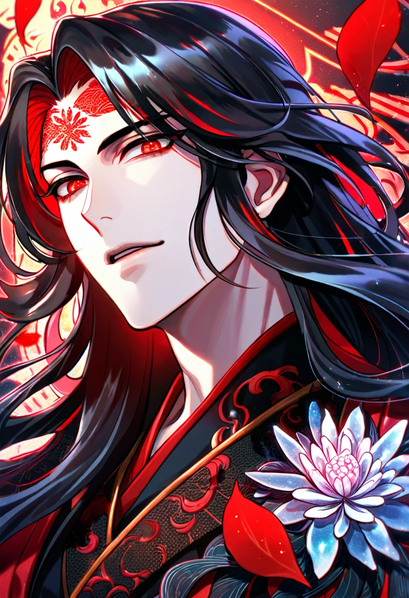 Ultra detailed, HDR, Highres, absurdres, master piece, Luo Binghe, black long hair, expressive red eyes, The Scum Villain's Self-Saving System patterns, black clothes, red petals, red ice flowers, sexy man, solo, extremely detailed face and eyes, extremely handsome, glittering, red glass, red mark on his forehead,