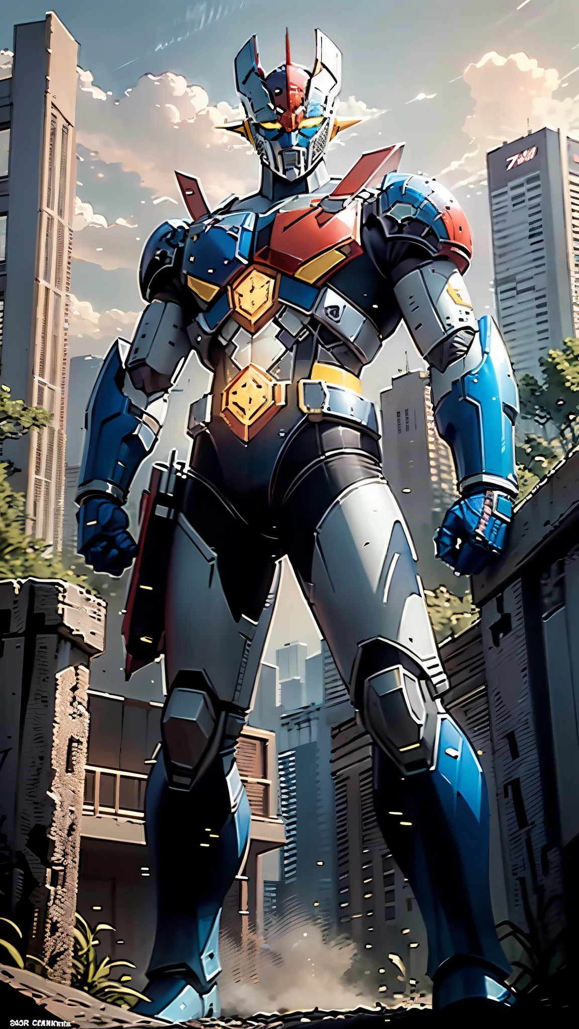 A man wearing a full-face helmet, a fantasy-style biotech armored combat suit, green eyes, (a composite layered chest armor), fully enclosed shoulder guards, matching arm and leg guards, the belt is adorned with Z mark, (the color scheme is primarily white with red and blue accents), the design balances heavy with agility, a high-tech bio-mecha armor, (Armor Concept Inspired by Mazinger Z, stand on the top of a skyscraper in a futuristic sci-fi city), this character embodies a finely crafted fantasy-surreal style armored hero in anime style, exquisite and mature manga art style, (battle damage, element, plasma, energy, the armor glows), ((male:1.5)), metallic, real texture material, dramatic, high definition, best quality, highres, ultra-detailed, ultra-fine painting, extremely delicate, professional, perfect body proportions, golden ratio, anatomically correct, symmetrical face, extremely detailed eyes and face, high quality eyes, creativity, RAW photo, UHD, 32k, Natural light, cinematic lighting, masterpiece-anatomy-perfect, masterpiece:1.5