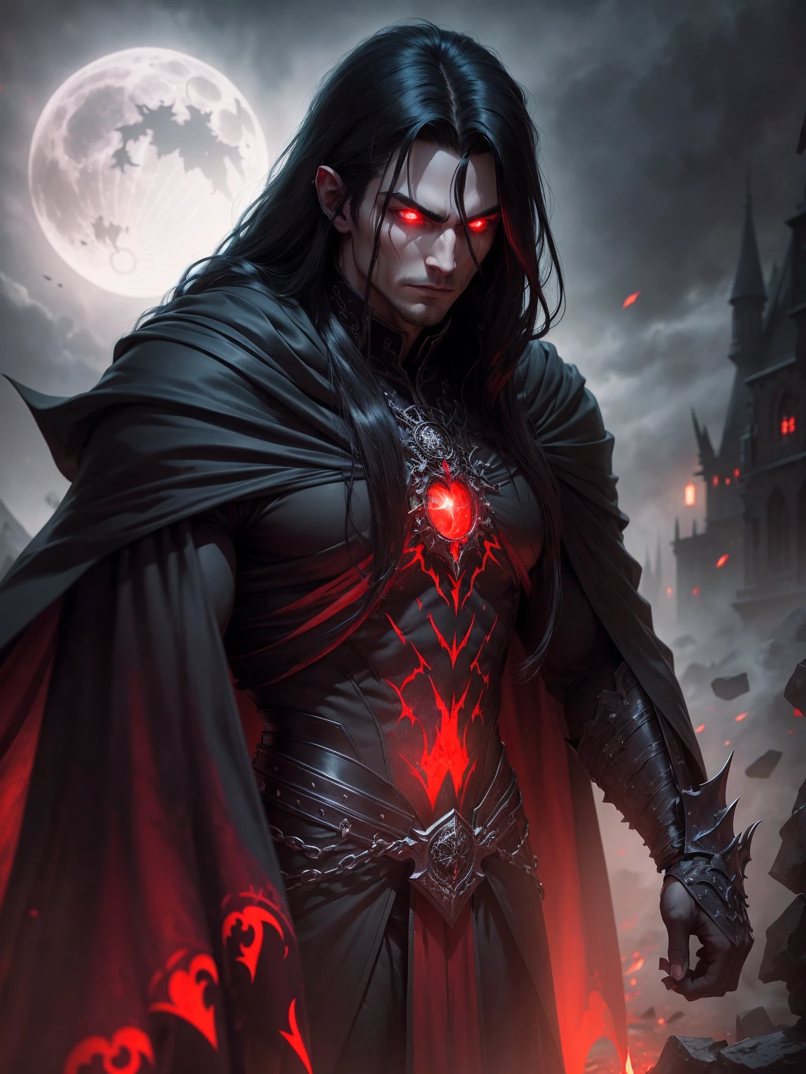 a dark muscular male evil lord, long flowing black hair, black and red cloak, piercing red eyes, menacing expression, powerful aura, standing in a dimly lit chamber,, casting eerie shadows, , adorned with intricate details, with a sinister grin, exuding an aura of darkness, with an intimidating presence, in a gothic castle, with imposing architecture, shrouded in mist, under a blood-red moon, with a storm brewing in the background, creating a foreboding atmosphere, reminiscent of a dark fantasy novel cover, with a dramatic lighting, emphasizing the contrast between light and shadow, evoking a sense of mystery and danger, with a touch of supernatural elements and captivating artistry."