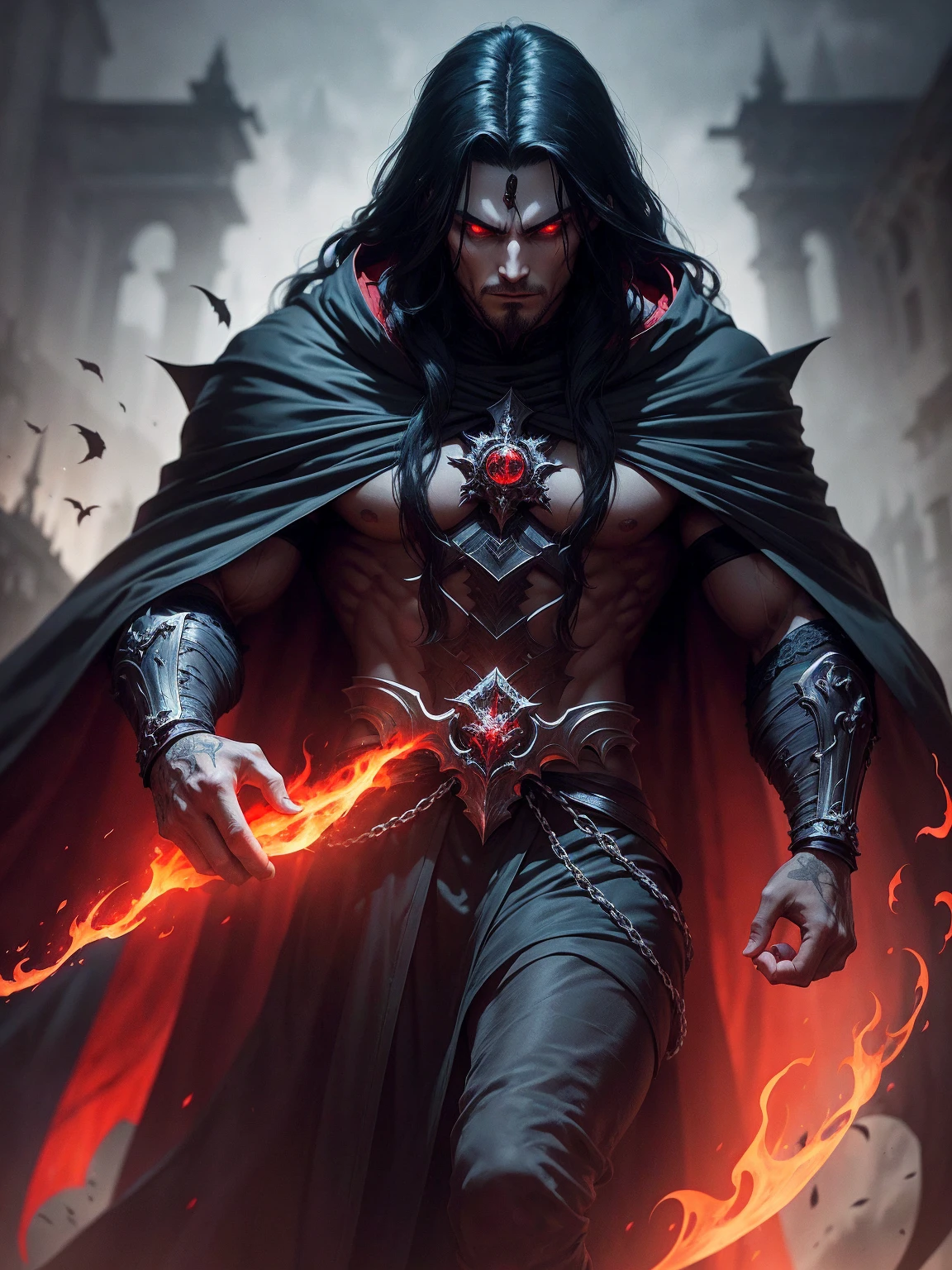 a dark muscular male evil lord, long flowing black hair, black and red cloak, piercing red eyes, menacing expression, powerful aura, standing in a dimly lit chamber,, casting eerie shadows, , adorned with intricate details, with a sinister grin, exuding an aura of darkness, with an intimidating presence, in a gothic castle, with imposing architecture, shrouded in mist, under a blood-red moon, with a storm brewing in the background, creating a foreboding atmosphere, reminiscent of a dark fantasy novel cover, with a dramatic lighting, emphasizing the contrast between light and shadow, evoking a sense of mystery and danger, with a touch of supernatural elements and captivating artistry."