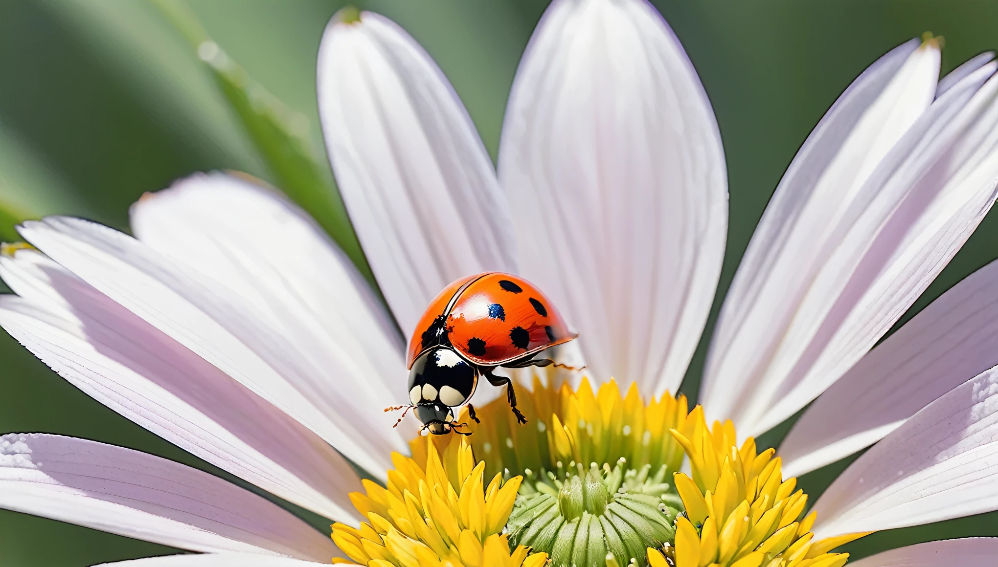 close-up photo of flower with one ladybug and minimalistic background scenery