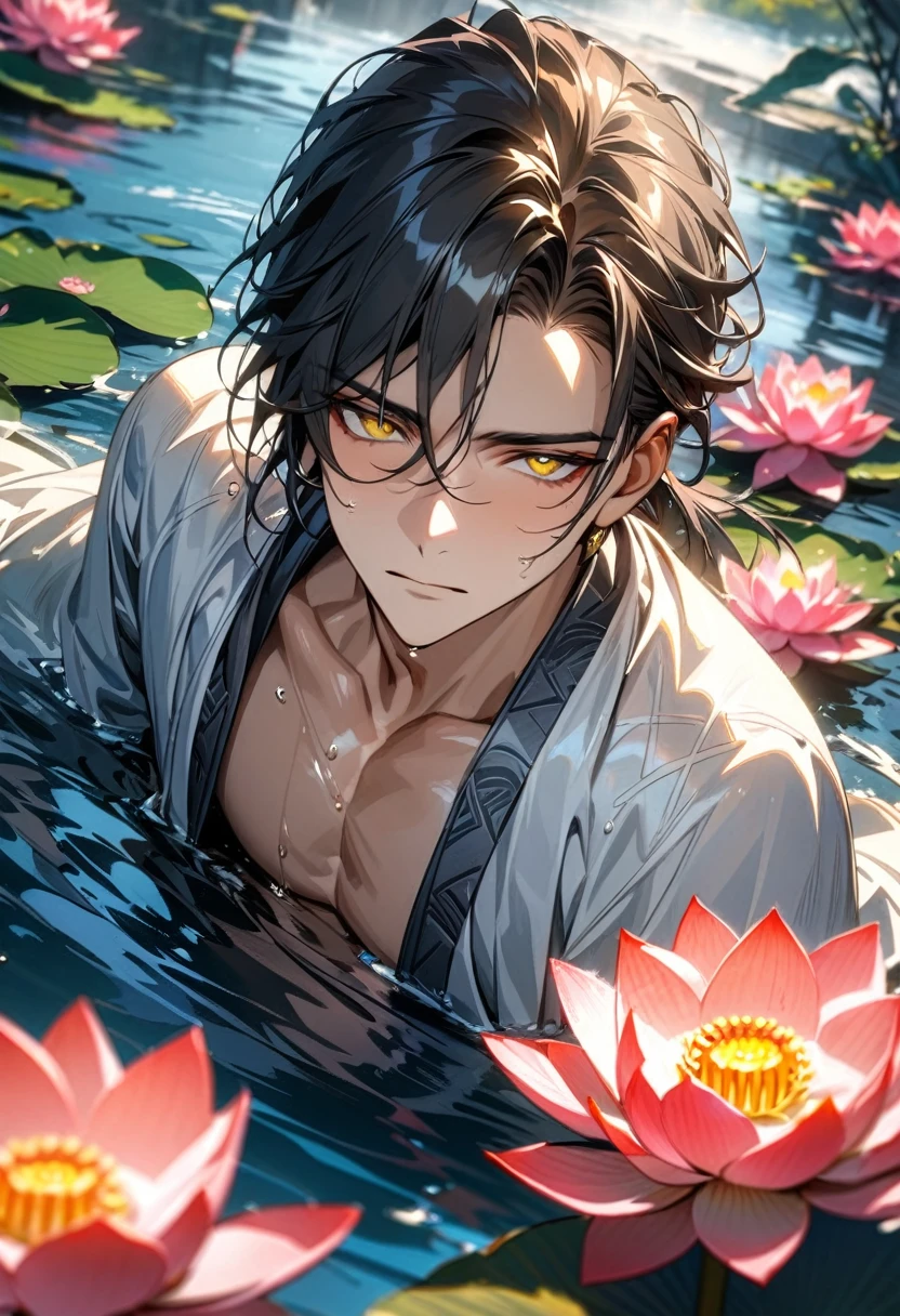 absurdres, highres, ultra detailed, HDR, masterpiece, extremely detailed face and eyes, Lan Wangji, black hair, expressive yellow eyes, Mo Dao Zu Shi, white robes, solo, sexy man, handsome, water, lotus