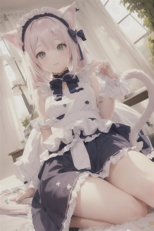 A fifty-year-old girl in a pink dress sitting on a bed, very beautiful anime cat girl, Gweitz, beautiful anime catgirl, White cat lady, cute anime catgirl, Very beautiful cute cat girl, Gweitz on pixiv artstation, anime. Soft lighting, Gweitz on artstation pixiv, anime cat girl in a maid costume