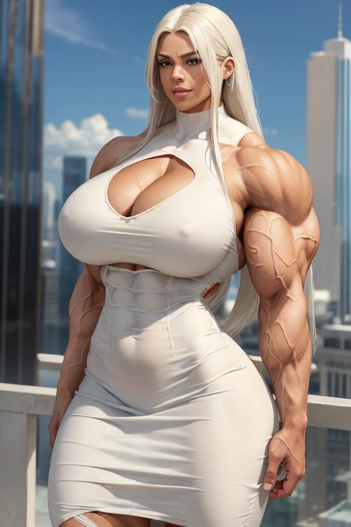 ((((Massive tall, beautiful, buff, light brown skinned muscular woman with white hair, ginormous bulky muscles and wearing a beautiful white pencil dress)))), (close view), massive muscles, massive biceps, hyper muscle shoulders, massive muscle arms, vascular shoulders, hyper muscle triceps, (long straight hair), blue eyes, choker, on top of a sunny skyscraper in a Windy City, confidant smile, hyper vascular arm, hyper muscles arms, hyper muscle legs, (massive arms).