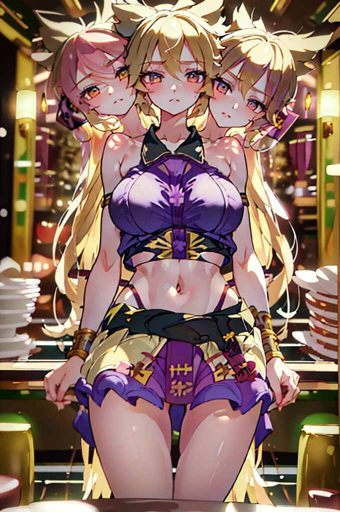 (masterpiece, best quality), best quality, (ultra-detailed), (3heads:1.5), 1girl, (toyosatomimi no miko:1.3), masterpiece, best quality, ultra quality, ultra resolution, uktra detail, white-purple top, crop top, ((stomach)), midriff, ((groin)), open belly, purple skirt, normal ears, shackles, very light, almost platinum blonde hair, very long hair, wavy hair, sidelocks, grey eyes, parted lips, sweat, very cute, toned belly, hand on own chest, eyelashes, (24 year old woman:1.3), (masterpiece:1.5), (best quality:1.5), (beautiful detailed), extremely detailed CG, extremely delicate and beautiful, depth of field, (finely detailed face), (perfect details:1.2), (mature female:1.3), wide pelvis, slender, large veiny breast, 16k resolution, highres, high quality, high definition, extremely detailed, masterpiece, very light, almost platinum blonde hair, long hair, alluring presence, braid, short skirt, close up, big tits, young, nsfw, open belly, midriff,
