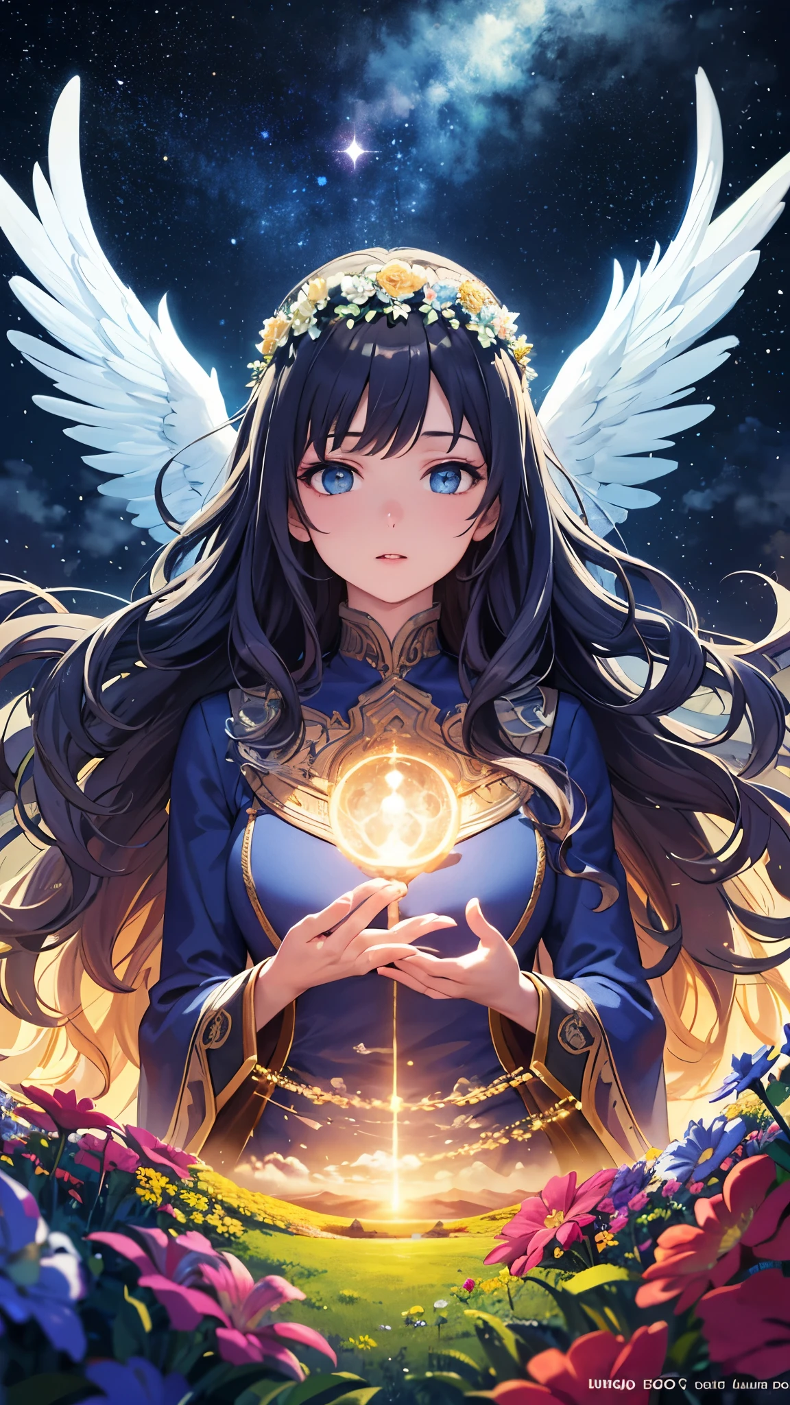 (high quality:1.2),(最high quality:1.2),(masterpiece:1.2),Official Art,formula wallpaper,Surreal,Beautiful Goddess,(woman:1.1),(Long Wavy Hair:1.1),(Flower Crown:1.1),(Celestial:1.2),(Sacred:1.2),(Mystical Creatures:1.1),(Floating Island:1.1),(detailed landscape:1.1),(Magic in the air:1.1),(Stardust:1.1),Night Sky,(Whimsical atmosphere:1.1),(A dreamlike world:1.1),(bubble:1.1),(Lunamos:1.1),(moonlight:1.1),Enchanted Forest,(wisdom:1.1),(Powerful Energy:1.1),(guardian angel:1.1),(create:1.2),(peaceful:1.1),Vibrant colors,High resolution,(detailed:1.05),(extremely detailed:1.06),Sharp focus,(Complex:1.03),(extremely Complex:1.04),(Spectacular views:1.09),Vibrant colors,(Beautiful views:1.08),(detailed scenery:1.08),(Complex scenery:1.07),(Nice views:1.05),Beautiful Face,[Perfect Eyes:0.8],[Perfect Skin:0.8],[detailed face:0.8],[detailed eyes:0.8],[detailed hair:0.8],[detailed lips:0.8],