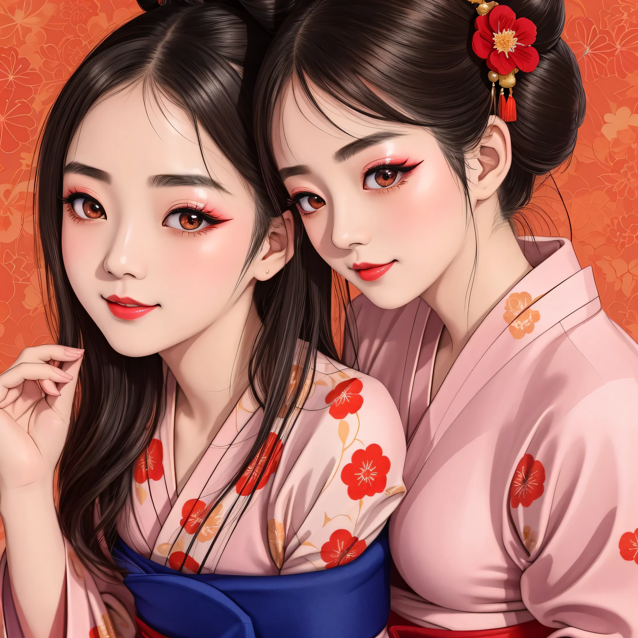Each has a different expression2People and sisters、(2 girls)、⦅Dancing traditional arts with grace)、((Big Breasts、Small Face、Not exposed))、highest quality、masterpiece、(Black Hair、Bun Hair)、Brown Eyes、⦅Wide angle、Angle from above the waist and diagonally below、Pause on the magazine cover、Their gazes are different, gazing into the distance⦆、(8K High Quality、masterpiece、High resolution、Realistic and beautiful light and shadow、(highest quality)、(High Resolution)、(Very delicate and beautiful)、(Beautiful 8k face)、(With a smile、Beautiful eyes)、(Clear skin)、(Soft hair)、(8Head to Body)、(A Japanese style yukata kimono with red, pink and orange floral patterns on a white background, interspersed with gold powder、Five beautiful Japanese girls wearing yukata)、((Tanabata decoration background))、((Small Face))、(arms up)、Thin and small nose、(Red lipstick)、(Make your cheeks red)、(Glossy skin)、((Ink painting style))、Very thin eyebrows、Overall ultra-high image quality、(She is wearing maiko-style makeup.)、Whitening、Long and beautiful eyelashes、Glowing Skin、(Red cheeks),Straight nose、masterpiece、highest quality、whole body、 Eyebrows visible through hair、Bun Hair、Grin、Gal、Gal、Viewer's Eyes、Plaid、Stylish、woman、fine、Pause、
Waiting to start
