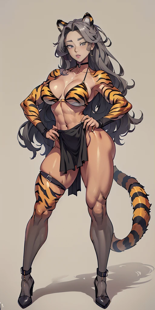 ((Masterpiece, plain background,1:2, masterpiece)) full body standing straight symmetrical against contrapposto yellow tiger print BIKINI stockings sleeves, hands on waist hips, navel, (Vladilena Milize) (grey eyes:1.5) grey long hair, hair between eyelashes