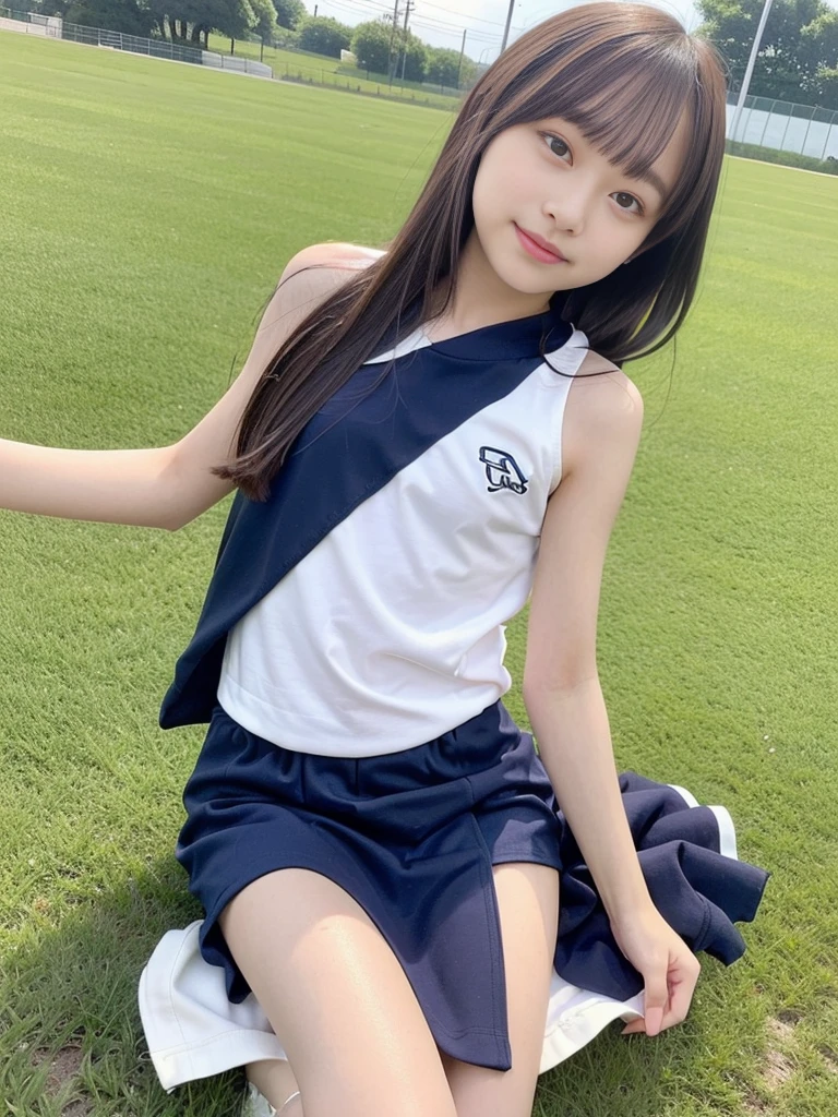 (masterpiece, highest quality:1.4), Award-winning portraits, 8k, 85mm, alone, Beautiful Face, Delicate girl,  (Cheerleader、On the grass), Sophisticated, cute, 15 years old, RAW Photos, Confused, High resolution, Sharp focus, Background Blur、(((flat  、thin and delicate body、Childish atmosphere)))、shiny semi-long hair、ponytail、Mole on the left cheek、 Dark blue eyes、the skirt is swaying in the wind、Hair swaying in the wind、sexy、flexible legs