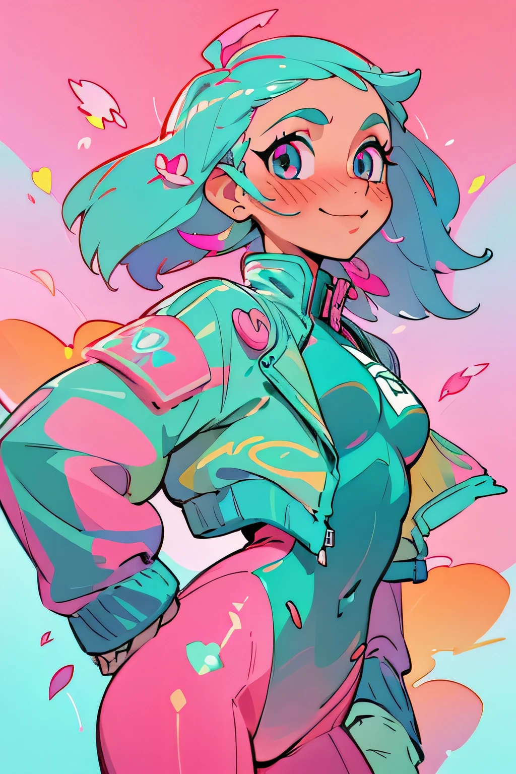 cyberpunk female woman wearing (turquoise Jacket with chromatic accents:1.1), sleek pink and White full bodysuit, side view turning to face camera, (Petal Blush, Lagoon Blue color background:1.3), amazing smile, looking at camera, golden hour