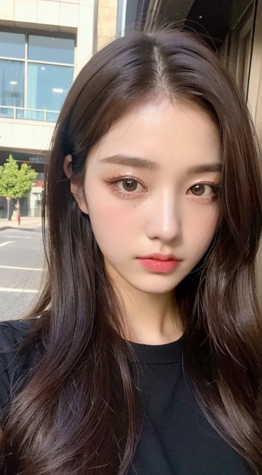 ((highest quality、8k、masterpiece:1.3))、22 years old、With a girl、Full Body Lesbian、Slim face、Beautiful woman、(Dark brown hair)、T-Shirtini skirt、Ultra detailed face、Detailed eyes、double eyelid、Blurred Background、Slim face、city、Take-out、Street、