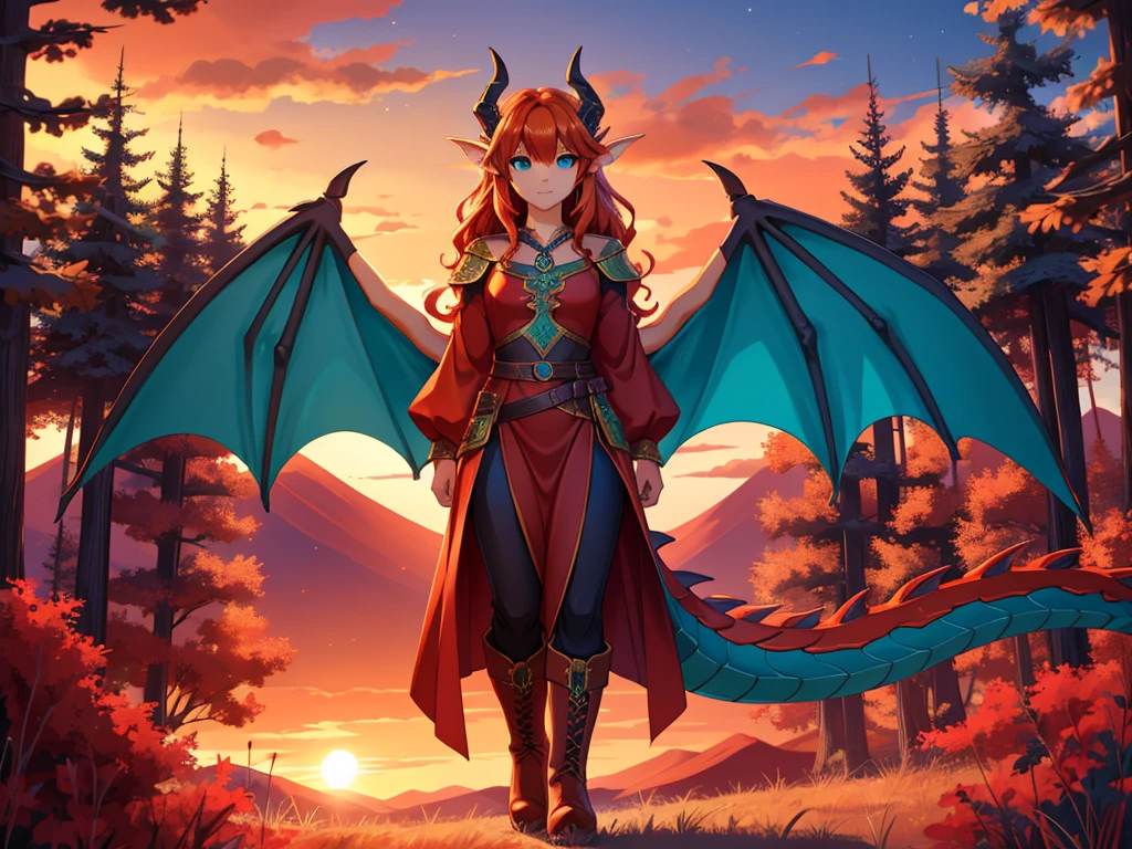 anime style art, fantasy style art, beautiful Celtic dragon girl, young adult European girl, mature young woman, long wavy bright orange hair, bright teal eyes, realistic and sparkling teal eyes looking at viewer, shapely body, skinny body, healthy body, purple and red warrior outfit, red clothes, 2 red dress coattails hanging down her sides, high brown leather boots, long draping red sleeves, 2 large orange dragon wings, wings on both sides, orange dragon horns, standing on top of a hill, sunset, red colored mountains, red dirt, trees with blue leaves, red mountains and blue trees in the distance, high quality digital art, 2k, professional illustration