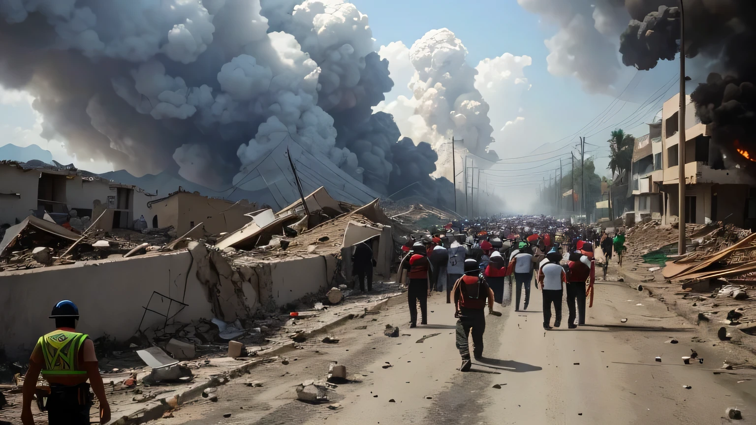A dramatic scene of a magnitude-6.4 earthquake striking the Mexico-Guatemala border. Buildings are collapsing with debris falling around, creating a chaotic environment. People are fleeing in panic through the streets. The sky is filled with dust and smoke, and the ground is cracked, showcasing the severity of the quake. Emergency services are arriving at the scene, and there are visible signs of destruction everywhere. The overall atmosphere is one of urgency and distress.