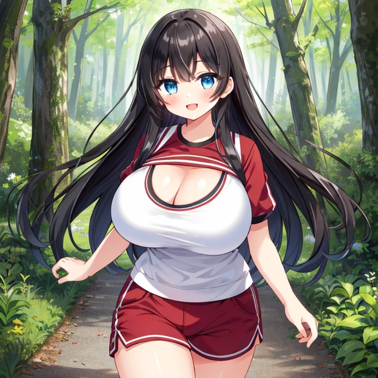 (((Best Quality))), ((Masterpiece)), ((Perfect Anatomy)), ((Perfect Hands)), ((Accurately Weathered Clothing)), ((Best Resolution)), (((Highest Detail))), ((Accurate Clothes)), (((1girl))), A Beautiful Cute Girl, with (Long Brunette Hair), (Big Beautiful Blue Eyes), (Extremely Gigantic Breasts), (Extra Large, Extra Thick Thighs), Big Cleavage. Wearing a (Red Running Shirt), (Black Gym Shorts). Walking in the woods right outside the city, with a happy expression.