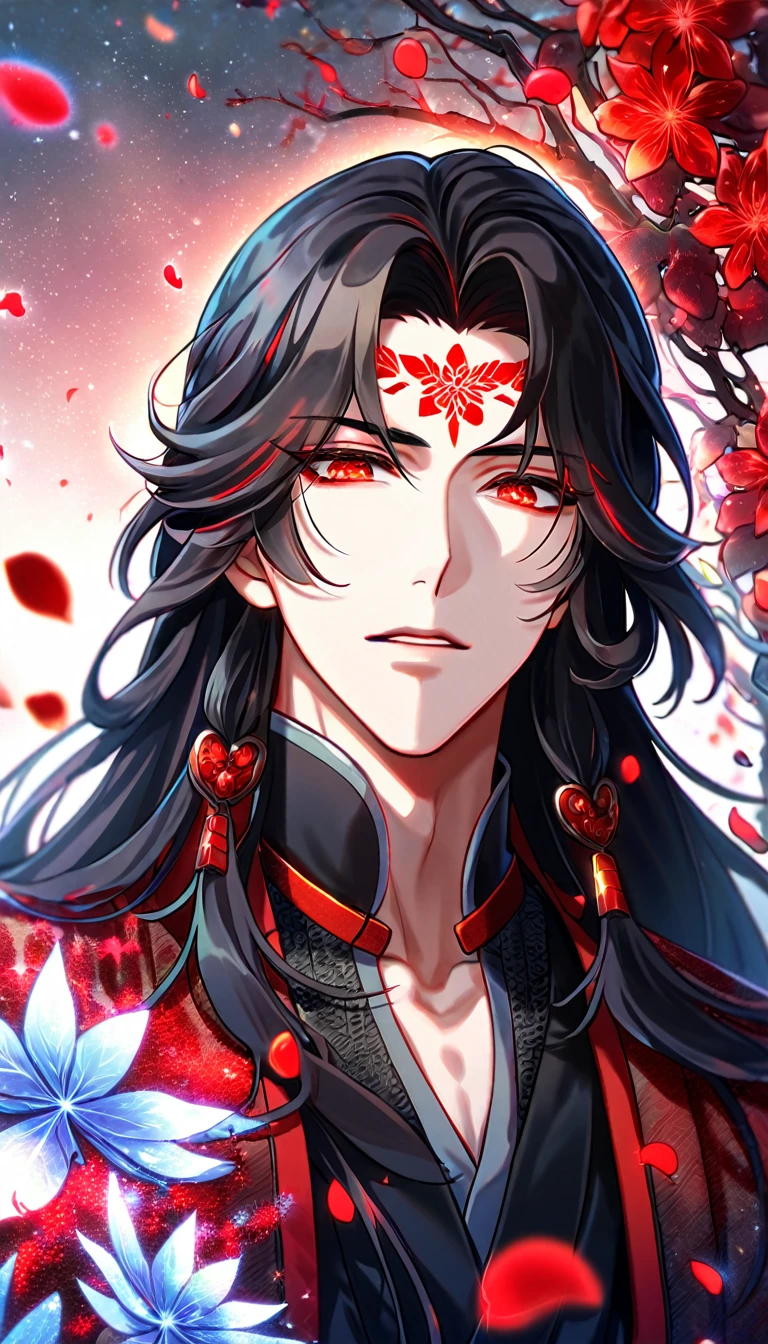 Ultra detailed, HDR, Highres, absurdres, master piece, Luo Binghe, black long hair, expressive red eyes, The Scum Villain's Self-Saving System patterns, black clothes, red petals, red ice flowers, sexy man, solo, extremely detailed face and eyes, extremely handsome, glittering, red glass, red mark on his forehead,