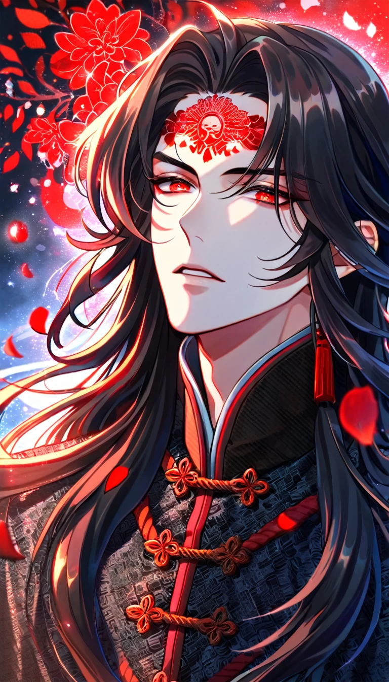 Ultra detailed, HDR, Highres, absurdres, master piece, Luo Binghe, black long hair, expressive red eyes, The Scum Villain's Self-Saving System patterns, black clothes, red petals, red ice flowers, sexy man, solo, extremely detailed face and eyes, extremely handsome, glittering, red glass, red mark on his forehead,