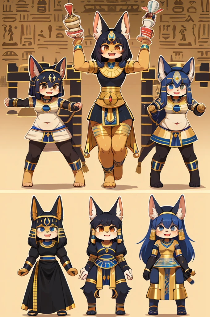 super deformed style , hairy chibi Bastet girl , Body Type , round body , round face , Hair ties , innocent big smile , close eyes , open mouth , Ancient Egyptian neat clothing , in the ancient Egypt , dynamic childish Running around action , (Several model body style adult servants:1.8)
