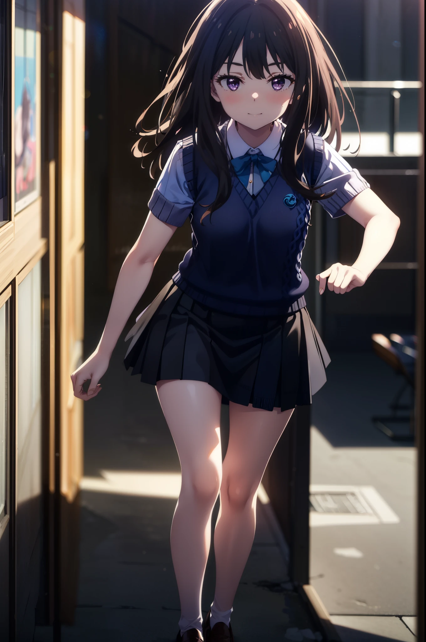 Takiuchi, Inoue Check, Long Hair, bangs, Black Hair, (Purple eyes:1.2),smile,blush,full body，
white yシャツ, Short sleeve, Pleated skirt,  Collared shirt, mini skirt, Black pantyhose, (Black Skirt:1.5), Sweater vest, (blue Sweater vest:1.5),Brown Loafers,Daytime,sunny,walking，whole bodyがイラストに入るように,　　　　　　　break looking at viewer　whole body, 
break indoors, School　corridor,
break (masterpiece:1.2), highest quality, High resolution, unity 8k wallpaper, (shape:0.8), (Beautiful details:1.6), Highly detailed face, Perfect lighting, Extremely detailed CG, (Perfect hands, Perfect Anatomy),