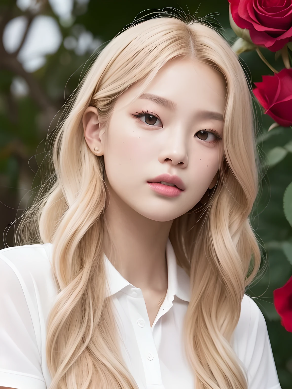 Kim Jennie of Blackpink with light blonde hair, Wavy blonde hair, Wavy blonde hair, With small fringe, black eye, Upturned and beautiful nose, Thick lips, Cupid with heart shaped lips., Pink Lips, pale, White skin, Nice and soft skin, I have freckles and moles, Beautiful eyebrows, Exceptionally beautiful collarbones, He is wearing a polo shirt with a red rose on it., dark red, With women's underwear, slim and beautiful stomach, Bare neckline, (Large Breasts, Soft Breasts, Natural Breasts, Bare neckline), While holding a rose, Looking at the camera, Auto Photo