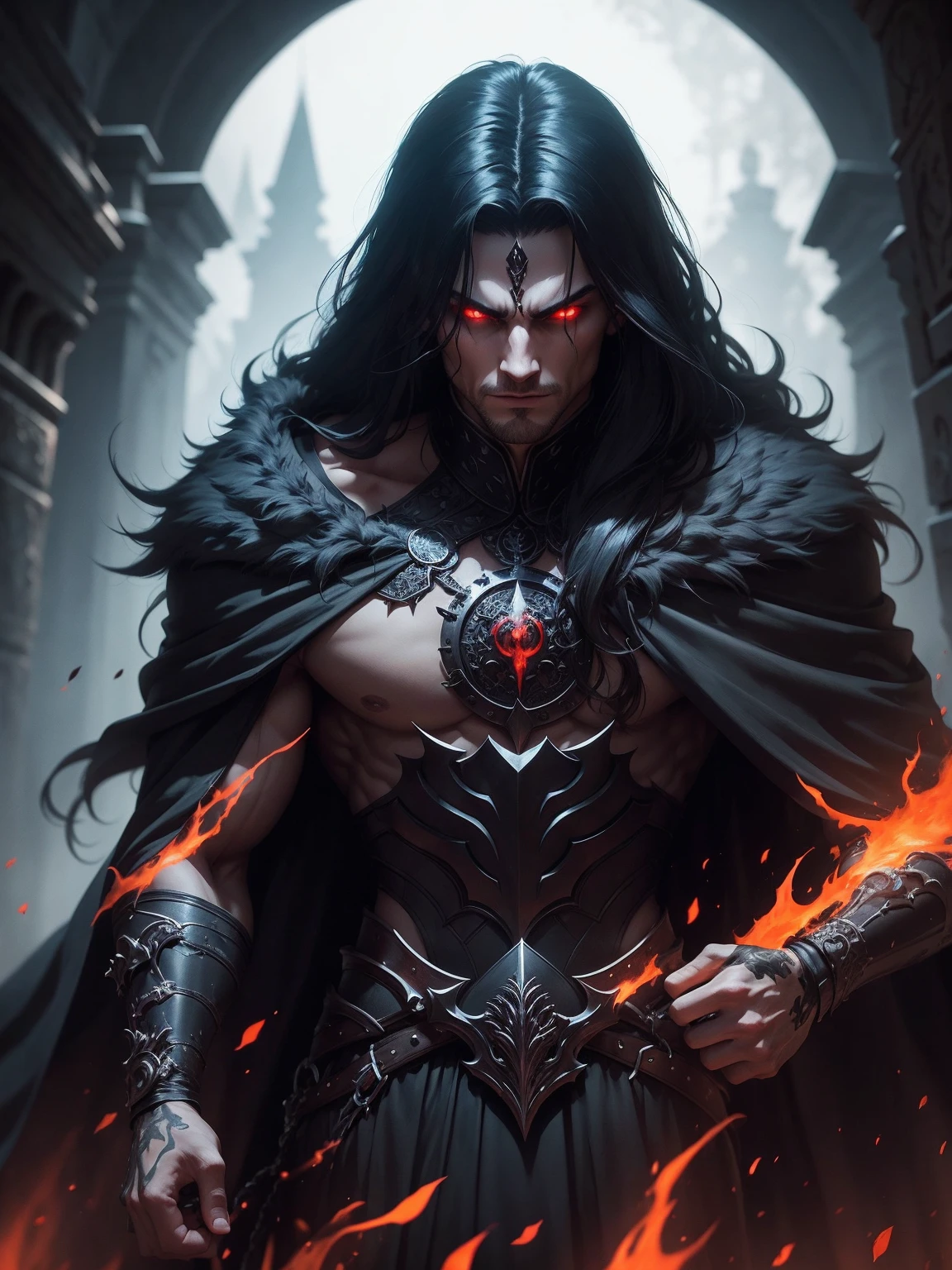 a dark muscular male evil lord, long flowing black hair, black and red cloak, piercing red eyes, menacing expression, powerful aura, standing in a dimly lit chamber,, casting eerie shadows, , adorned with intricate details, with a sinister grin, exuding an aura of darkness, with an intimidating presence, in a gothic castle, with imposing architecture, shrouded in mist, under a blood-red moon, with a storm brewing in the background, creating a foreboding atmosphere, reminiscent of a dark fantasy novel cover, with a dramatic lighting, emphasizing the contrast between light and shadow, evoking a sense of mystery and danger, with a touch of supernatural elements and captivating artistry."