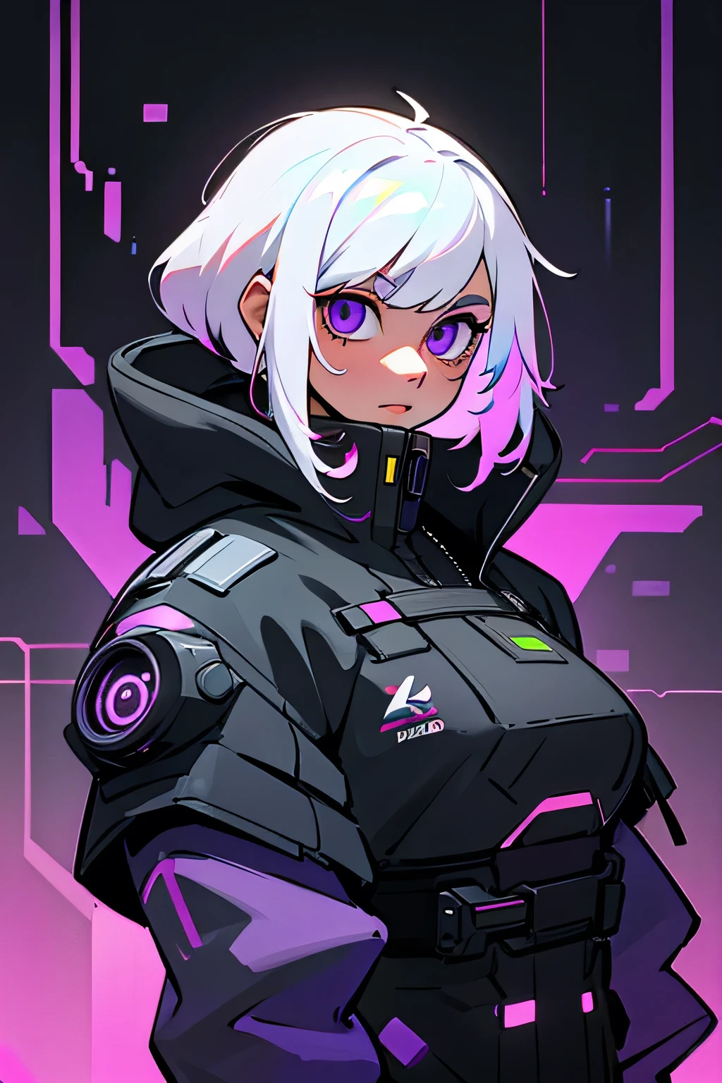 Handsome, solo, 1 female, medium hair, white hair, rainbow hair, purple eyes, black and white hood, futuristic, cyberpunk, cybernetic