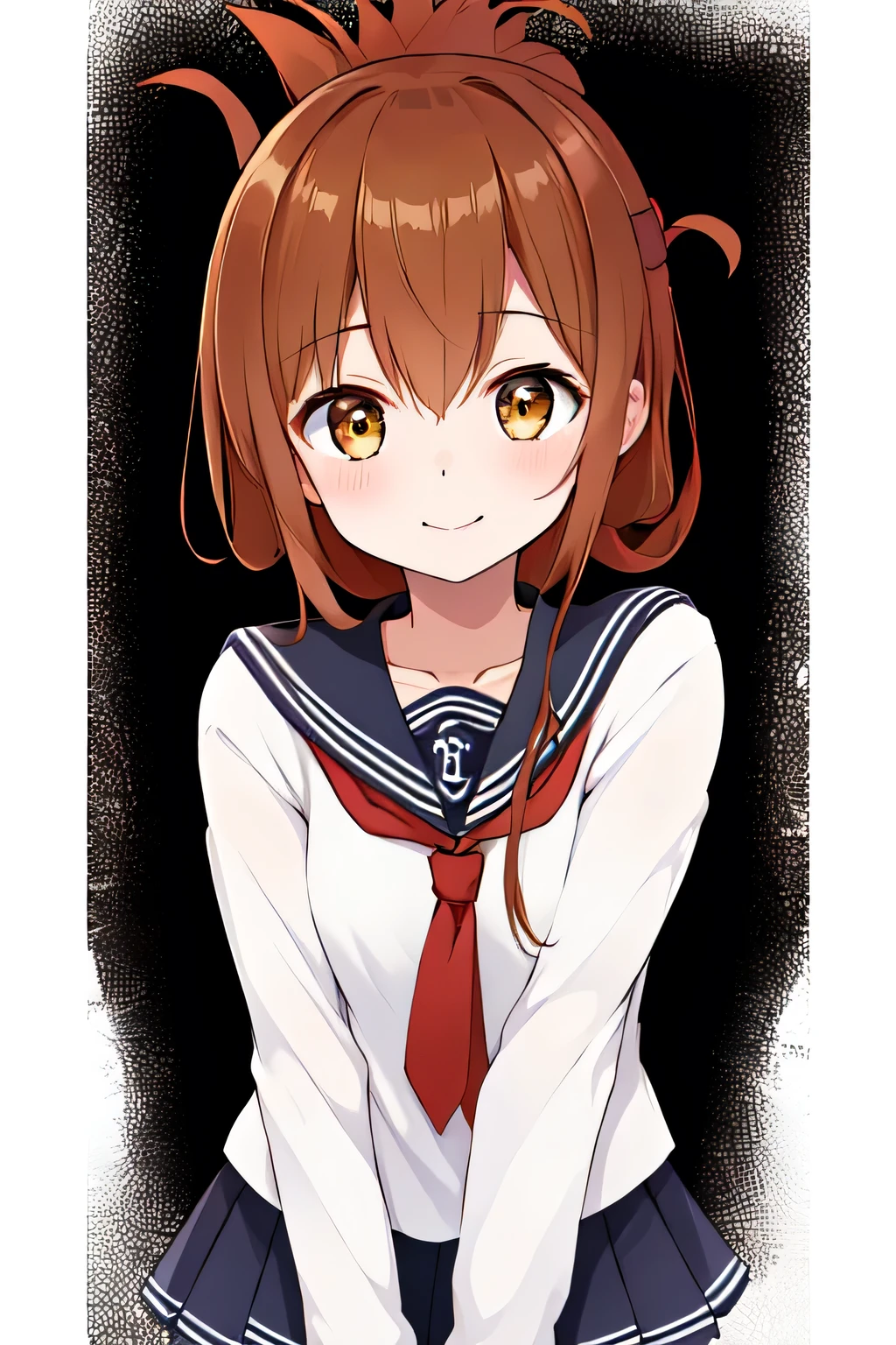 Tabletop, highest quality, 8k_wallpaper, (beautiful eye), ((cute)), cute, (Lovely), 1 girl,,1 ,smile(masterpiece, highest quality:1.2),figure,8k,High resolution,One girl,alone,Upper Body,(Portraiture:1.2),Brown_hair,Folded_ponytail,Brown_eye,serafuku,length_hair,School_uniform,Interested in white bikinis?,Are standing、Facing forward、((((The background is professional wrestling))))