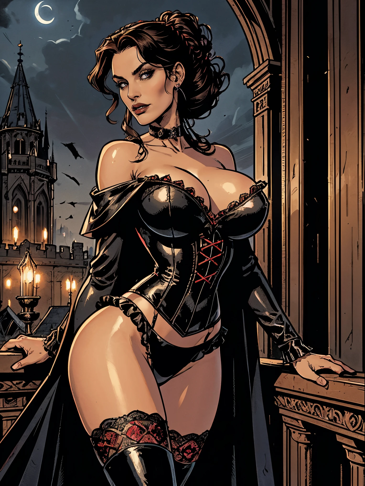(masterpiece, top quality, best quality, official art, beautiful and aesthetic:1.2), (1girl:1.3), long and curly dark brown hair, ((extravagant updo)), Victorian style, extremely detailed, portrait, looking at viewer, solo, (full body:0.6), detailed background, close up, mischievous eyes, (cold midnight castle theme:1.1), extremely busty vampire, long fangs, blood on chin, huge lips, charlatan, smirk, mysterious, being seductive on a balcony, revealing gothic dress, lace, extremely tight bodice, black attire, red skirts, off shoulder, long sleeves, loose sleeves, black leather, cloak, corset, black dress, fishnets, thigh high black boots, buckles, straps, pouches, glowing blood magic energy, dark red fabric, silver trim, black leather, (ruffled collar), (((gigantic breasts))), cleavage, skindentation, slim waist, slim hips, long legs, medieval (gothic castle exterior:1.1) background, nighttime, dark mysterious lighting, shadows, magical atmosphere, dutch angle
