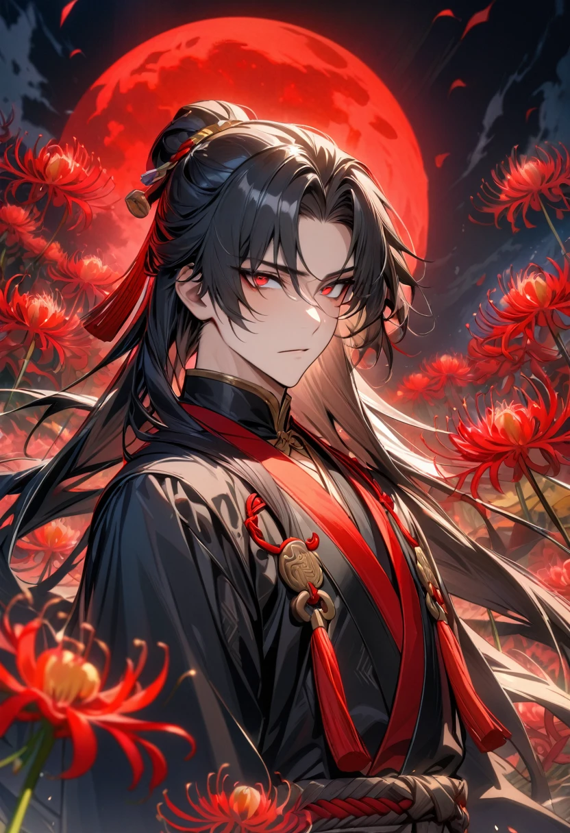 absurdres, highres, ultra detailed, HDR, masterpiece, extremely detailed face and eyes, Wei Wuxian, black hair, expressive red eyes, Mo Dao Zu Shi, black robes, solo, sexy man, handsome, moon, red spider lilies
