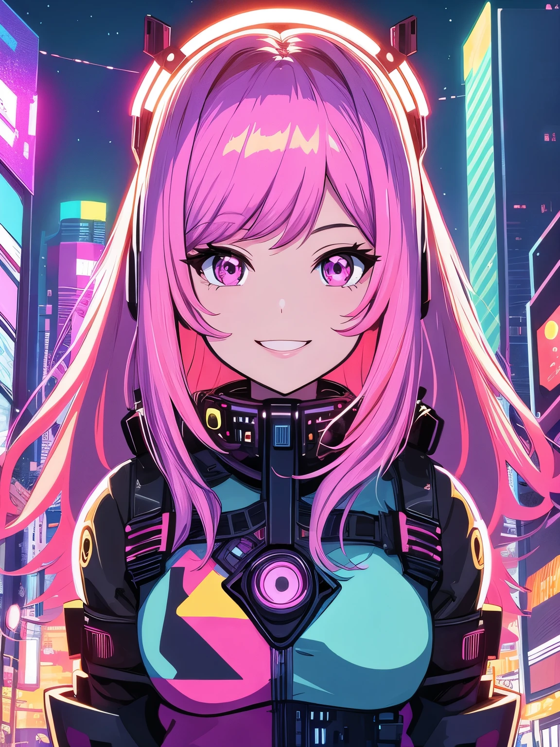 masterpiece, best quality, 1girl, solo, night, colorful, cityscape, cyberpunk, light smile, city pop, vector illustration